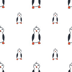 Seamless pattern with simple primitive penguin, childish style, childish drawing, naive. Line markers, cheerful design. Design for wallpaper, wrapping paper, fabric, textile, baby clothes.