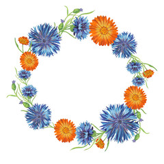 wreath of cornflowers and calendula