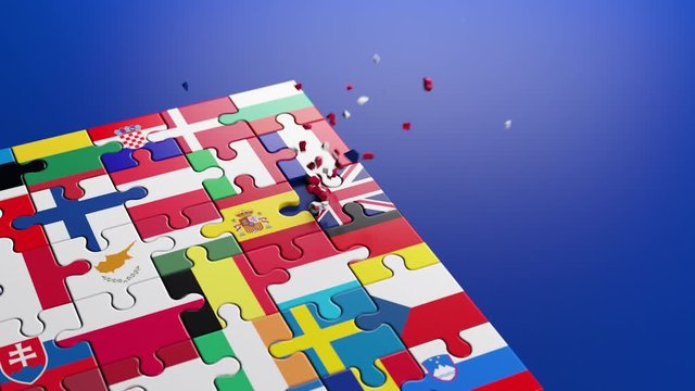 Brexit - British exit from the European Union in 2020. The concept of a 'Brexit' represented via jigsaw puzzle. Member states represented by pieces of puzzles with flag dissolving. 3D rendering.