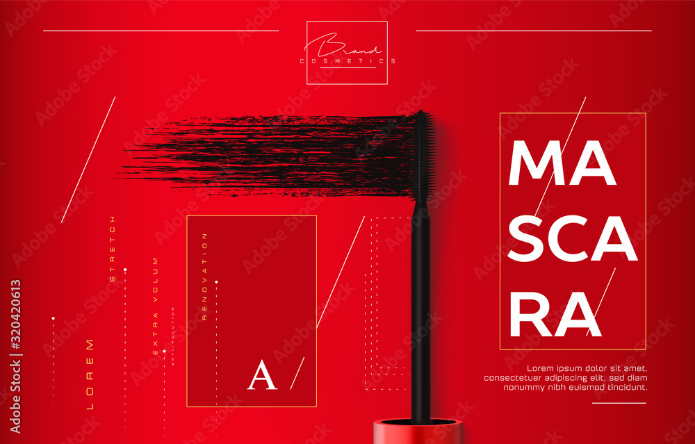 Wall mural mascara make-up flyer, booklet or brochure background. brush and mascara tube. red tube on red backg