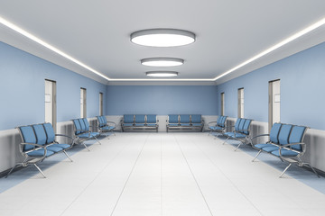 Contemporary waiting room in blue hospital interior