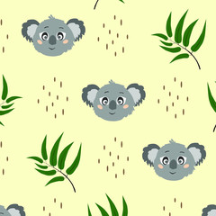 Pattern with a koala, eucalyptus and ornament on a yellow background. Vector children's illustration.