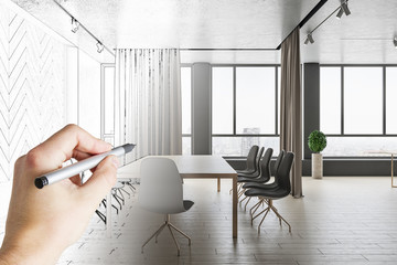 Hand drawing modern conference room interior with city view
