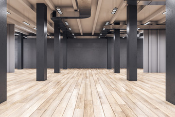 Modern interior with columns and daylight.