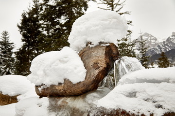 snowy wooden trough icy scenery winter