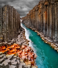 Breathtaking view of Studlagil basalt canyon, Iceland, Europe.