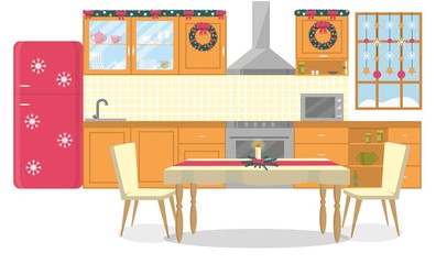 Modern Kitchen Interior and New Year Holiday Decor