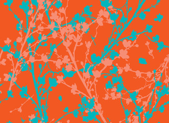 Modern floral pattern. Silhouette of spring flowering cherry branches on an orange background. Vector illustration