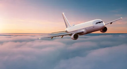 Rolgordijnen Commercial airplane jetliner flying above dramatic clouds in beautiful sunset light. Travel concept. © Lukas Gojda