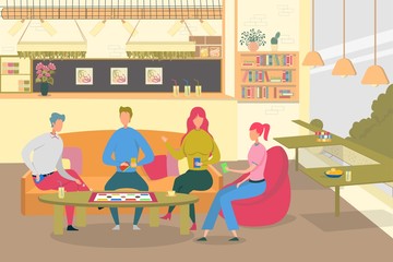 Friends Play Board Game in Cafe Flat Illustration