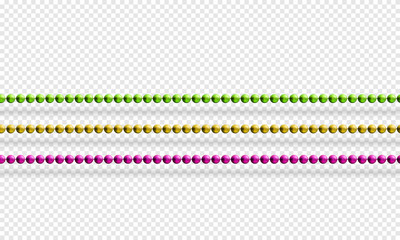 Mardi Gras beads isolated on transparent background in traditional colors purple, gold and green. Fat Tuesday decoration element. Vector illustration © whilerests