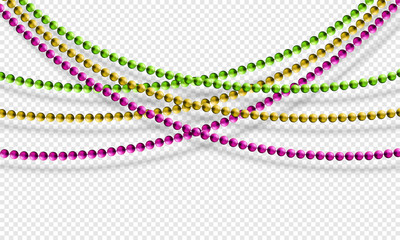 Mardi Gras beads isolated on transparent background in traditional colors purple, gold and green. Fat Tuesday decoration element. Vector illustration © whilerests