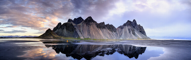 Sand dunes on the Stokksnes on southeastern Icelandic coast with Vestrahorn (Batman Mountain)....