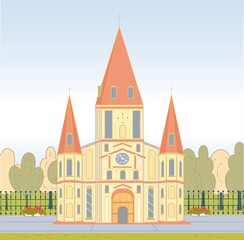 Fototapeta premium Catholic Church with Spire, Stained Glass Windows