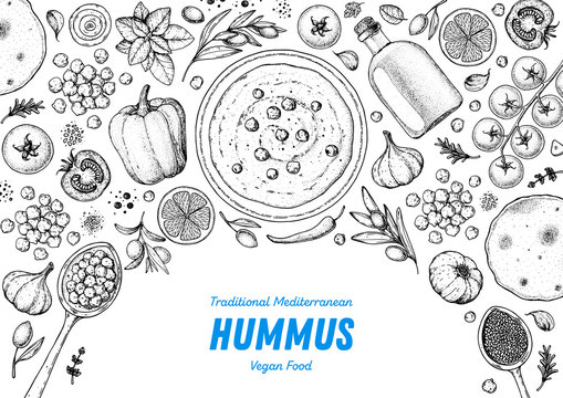 Hummus cooking and ingredients for hummus, sketch illustration. Middle eastern cuisine frame. Healthy food, design elements. Hand drawn, package design. Middle eastern food.