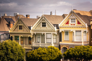 Painted Ladies houses and San Francisco's skyline at the back, California State, United States.