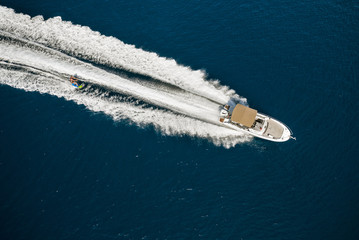 Speed boat in mediterranean sea, aerial view