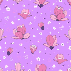 Bright seamless pattern with magnolia flowers and monstera leaves. Tropical summer background