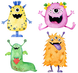 Watercolor four colorful smiling monsters. Yellow, pink, green and orange cartoon characters.