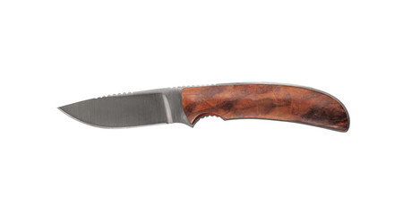 Hunting knife with wooden handle. Isolated on white back.