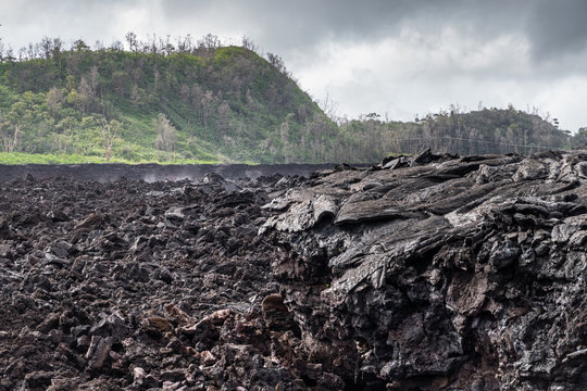 Leilani Estate, Hawaii, USA. - January 14, 2020: 2018 Kilauea volcano eruption hardened black lava field. Steam escapes out of vast black mass with green forested hill on horizon and gray rainy sky.