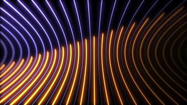 Glowing purple and gold circle neon light beams motion background.