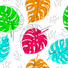 Exotic monstera continuous one line drawing summer tropical leaf hand drawn on white background minimalist design. Vector Seamless pattern of botanical leaves.