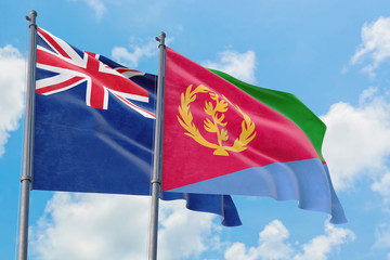 Eritrea and Anguilla flags waving in the wind against white cloudy blue sky together. Diplomacy concept, international relations.