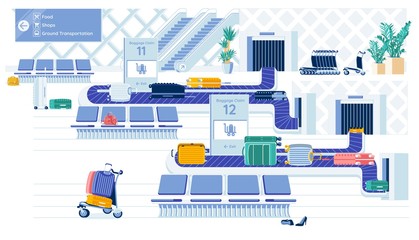 Airport Luggage Conveyor Belts with Suitcases.