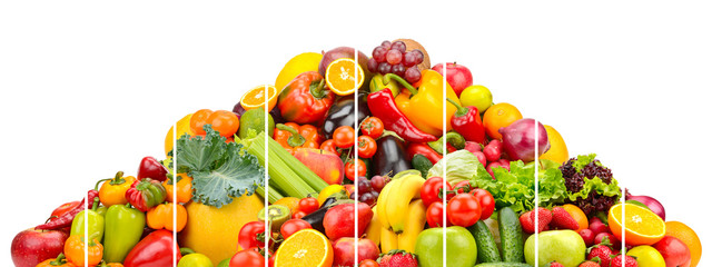 Pyramid colorful fresh vegetables and fruits divided vertical lines isolated on white