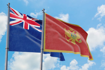 Montenegro and Anguilla flags waving in the wind against white cloudy blue sky together. Diplomacy concept, international relations.