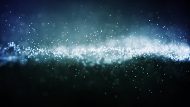 Blue particles flow. Dust chaotic moving Background. Particles are flickering and shimmering on black background. Abstract close up footage. Background in 4K. Depth of field, bokeh and light effects