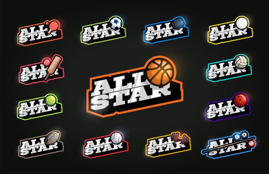 All Star Sport Set. Modern professional Typography sport retro style vector emblem and template logo design. Soccer, basketball, bowling, tennis, hockey, gym, cricket, football mega collection