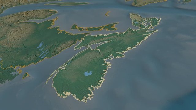 Nova Scotia, province with its capital, zoomed and extruded on the relief map of Canada in the conformal Stereographic projection. Animation 3D