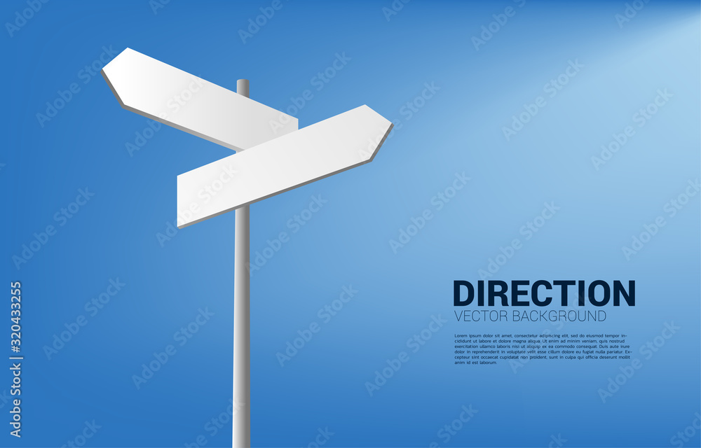 Poster white direction signage with blue background. concept of time to make decision in business direction