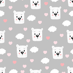 Seamless pattern with cute polar bears heads on a grey background. Vector illustration, cartoon.