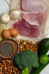 Keto diet. Nuts, meat and nuts on the wooden