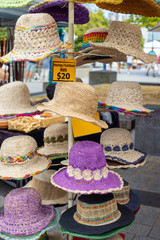 Cotton and hemp hats for sale in a city market, Christchurch, New Zealand