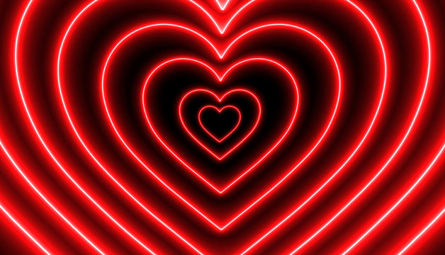Red neon heart shape 3D Rendering  in Perspective Tunnel