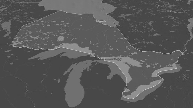 Ontario, province with its capital, zoomed and extruded on the bilevel map of Canada in the conformal Stereographic projection. Animation 3D