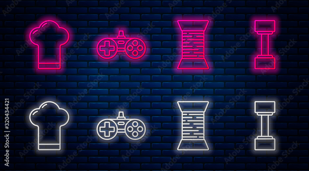 Sticker Set line Gamepad, Sewing thread on spool, Chef hat and Dumbbell. Glowing neon icon on brick wall. Vector