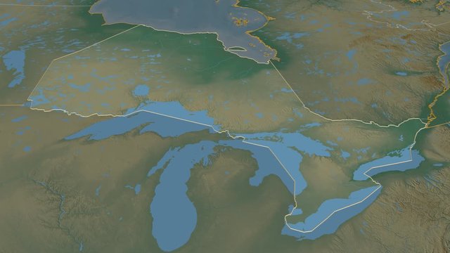 Ontario, province with its capital, zoomed and extruded on the relief map of Canada in the conformal Stereographic projection. Animation 3D