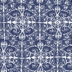 Damask indigo dyed effect distressed worn bleached graphical motif. Noisy brushed faded mottled, intricate grungy stained navy design. Seamless repeat raster jpg pattern swatch.
