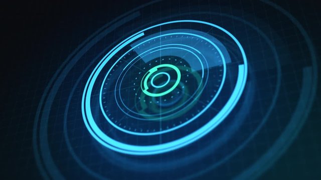 Digital HUD Animation. Radial graph visualization on dashboard panel. Futuristic user interface. Virtual data rounded graph concept. Bright glowing blue colored 4K backdrop with Depth of Field effects