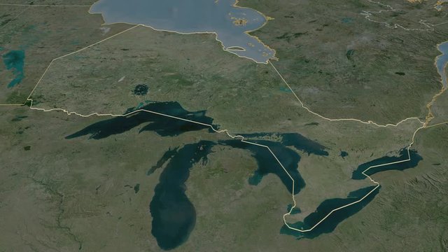 Ontario, province with its capital, zoomed and extruded on the satellite map of Canada in the conformal Stereographic projection. Animation 3D
