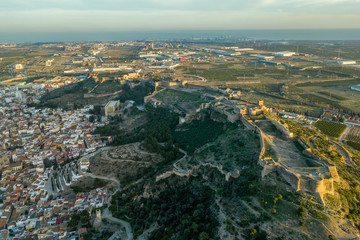 Aerial sunset panorama view of Sagunto (Sagunt) fortress near Valencia Spain