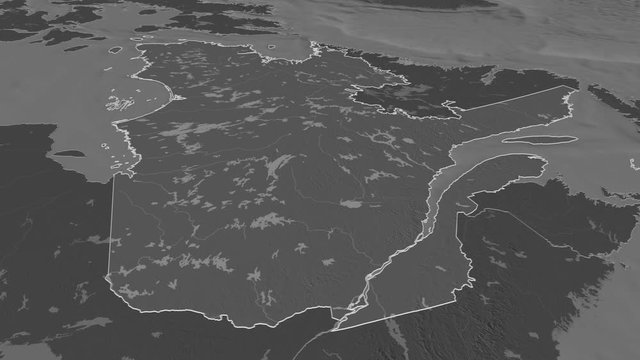 Qu&eacute;bec, province with its capital, zoomed and extruded on the bilevel map of Canada in the conformal Stereographic projection. Animation 3D