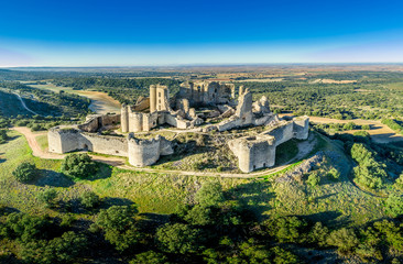 Aerial view of medieval castle ruin Pueble de Almenara in Cuenca Spain with convenctric walls, semicircular towers and angle bastions