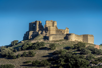 Aerial view of the hilltop castle ruin at Puebla de Almenara in Cuenca Spain with high standing...