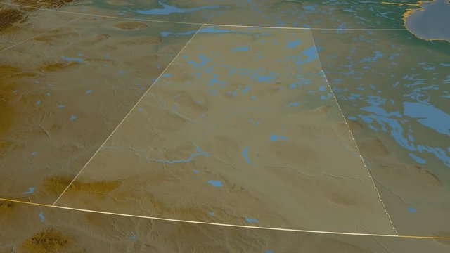 Saskatchewan, province with its capital, zoomed and extruded on the relief map of Canada in the conformal Stereographic projection. Animation 3D